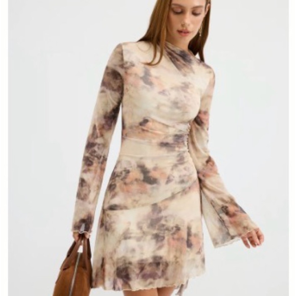 Tie-Dye Long Sleeve Mini Dress in Soft Neutral